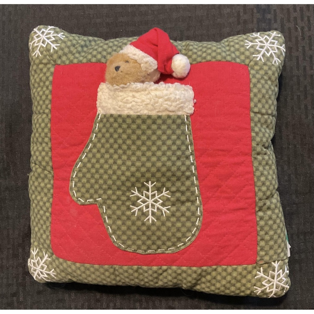 Boyds Home Christmas Throw Pillow Quilted Bear in Mitten Removable Plush Decor‎